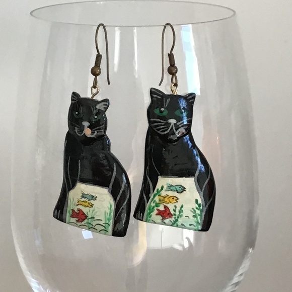 Vintage Cat Earrings Hand Painted Wood Feline Kitty - Picture 13 of 13